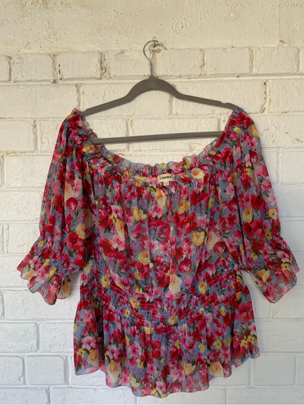L’Agence Off-the-Shoulder Floral Top with Soft Ruffle Details